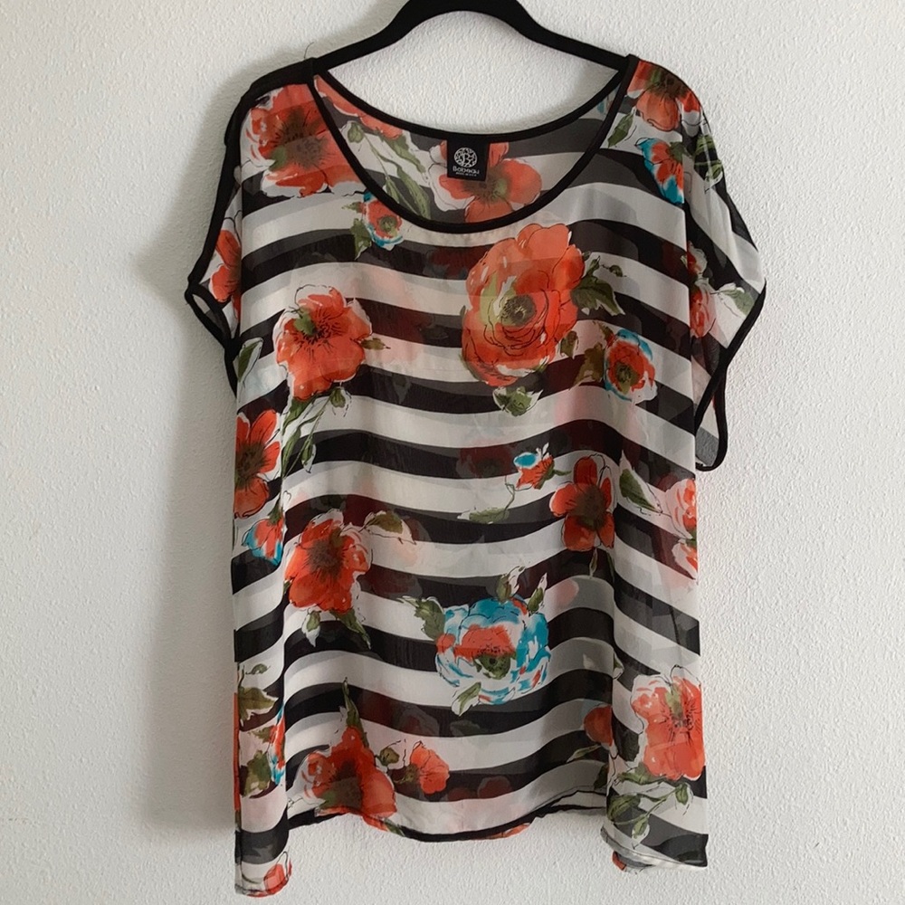 Black & White Striped Floral Bobeau Sheer Blouse